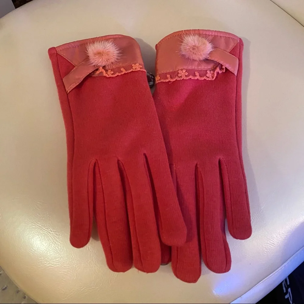 Pink Fur Pom Pom Lace Fleece Lined Gloves